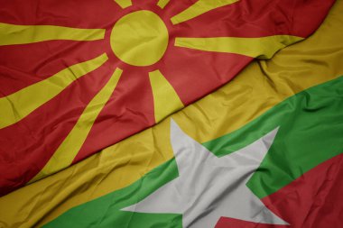 Myanmar 'ın renkli bayrağını sallıyor ve Macedonia' nın ulusal bayrağını sallıyordu. makro