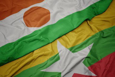 Myanmar 'ın renkli bayrağı ve Nijer' in ulusal bayrağı sallanıyordu. makro