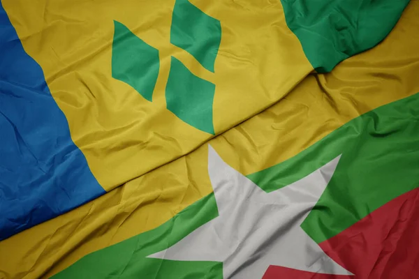 Zwaaiende Vlag Van Myanmar Nationale Vlag Van Saint Vincent Grenadines — Stockfoto