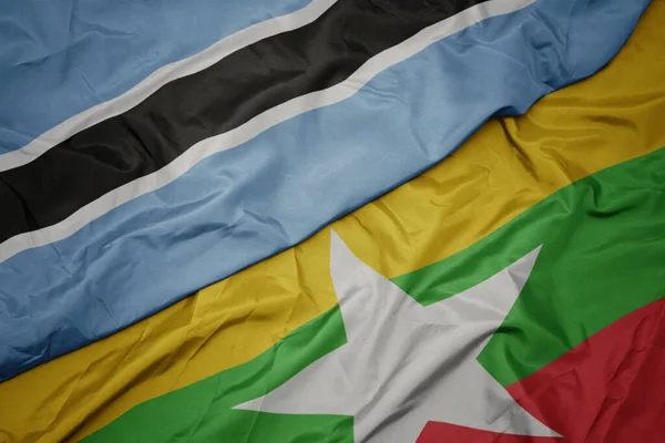 Acenando Bandeira Colorida Mianmar Bandeira Nacional Botswana Macro — Fotografia de Stock