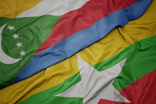 Waving Colorful Flag Myanmar National Flag Comoros Macro — Stock Photo, Image