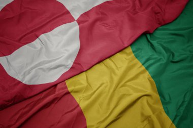 Gine 'nin renkli bayrağı ve Greenland' in ulusal bayrağı sallanıyor. makro