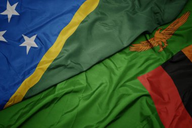 Zambiya 'nın renkli bayrağını ve Solomon Adaları' nın ulusal bayrağını sallıyordu. makro