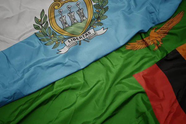 Ondeando Colorida Bandera Zambia Bandera Nacional San Marino Macro —  Fotos de Stock