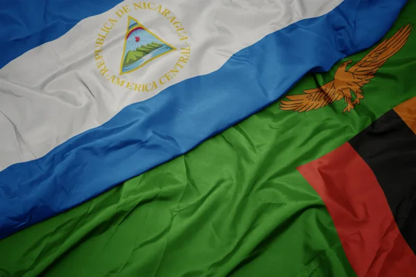 Ondeando Colorida Bandera Zambia Bandera Nacional Nicaragua Macro —  Fotos de Stock