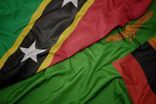 Acenando Bandeira Colorida Zâmbia Bandeira Nacional Saint Kitts Nevis Macro — Fotografia de Stock