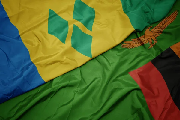 Zwaaiende Vlag Van Zambia Nationale Vlag Van Saint Vincent Grenadines — Stockfoto