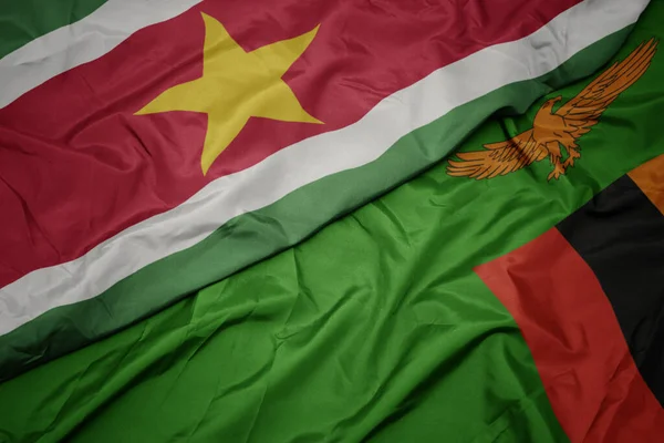 Ondeando Colorida Bandera Zambia Bandera Nacional Surinam Macro — Foto de Stock