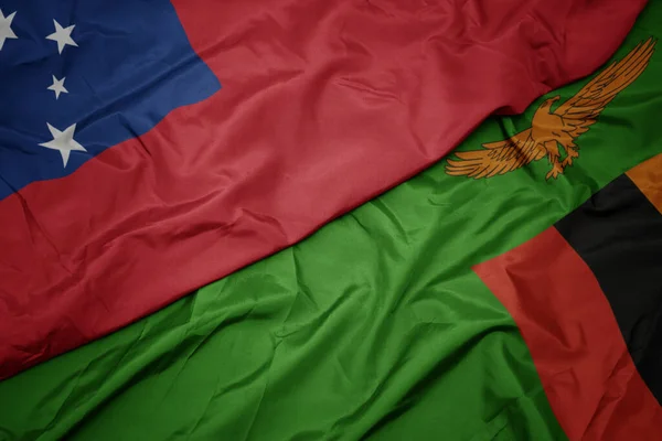 Ondeando Colorida Bandera Zambia Bandera Nacional Samoa Macro —  Fotos de Stock