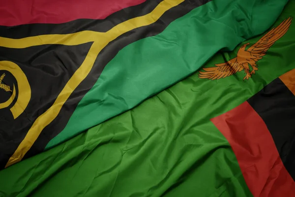 Viftande Färgglada Flagga Zambia Och Nationell Flagga Vanuatu Makro — Stockfoto