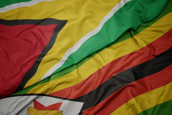 Agitant Drapeau Coloré Zimbabwe Drapeau National Guyana Macro — Photo