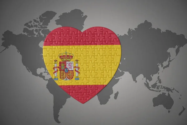 Serce Puzzle Flagą Narodową Hiszpanii Tle Mapy Świata Ilustracja — Zdjęcie stockowe