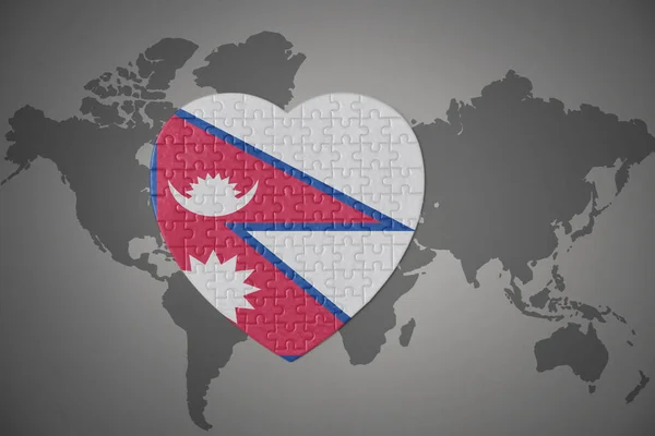 Головоломка Сердце Национальным Флагом Непала Фоне Карты Мира Иллюстрация — стоковое фото
