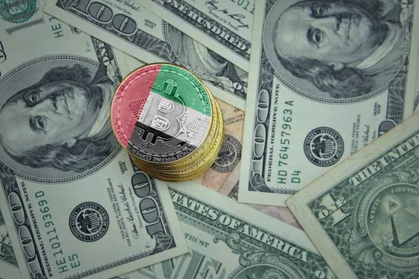 Gyllene Lysande Bitcoins Med Flagga Enade Araber Emirerar Dollar Pengar Stockbild