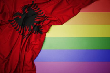 Eşcinsel gökkuşağı arka planında renkli ulusal albanya bayrağı sallıyor.