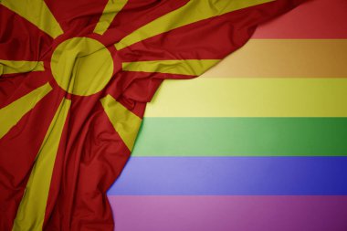 Eşcinsel gökkuşağı arka planında renkli ulusal Macedonia bayrağı sallıyordu..