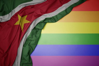 Eşcinsel gökkuşağı arka planında sürinamın renkli ulusal bayrağını sallayarak.