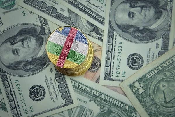 Gyllene Lysande Bitcoins Med Flagga Centralafrikanska Republiken Dollar Pengar Bakgrund Stockfoto