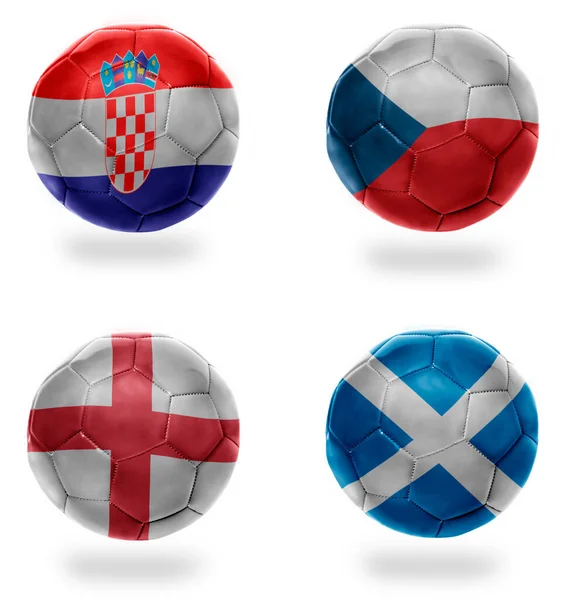 Группа Футбольные Мячи Национальными Флагами Хорватии Чехии Англии Шотландии Футбольных — стоковое фото