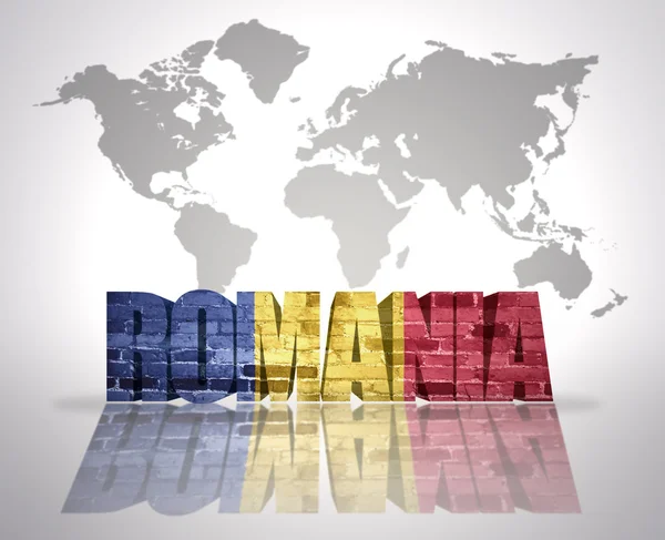 Word Roemenië op een wereld kaart achtergrond — Stockfoto