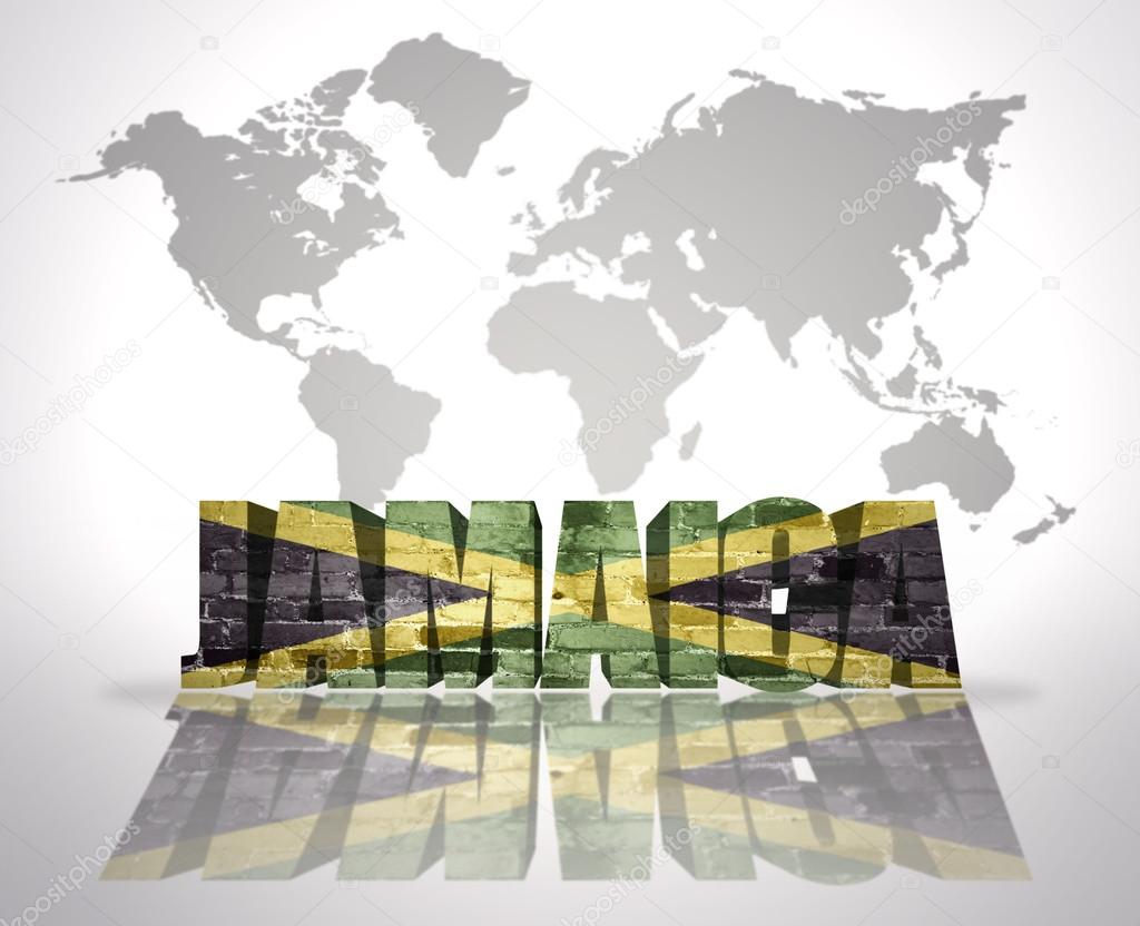 Word Jamaica with Jamaican Flag on a world map background
