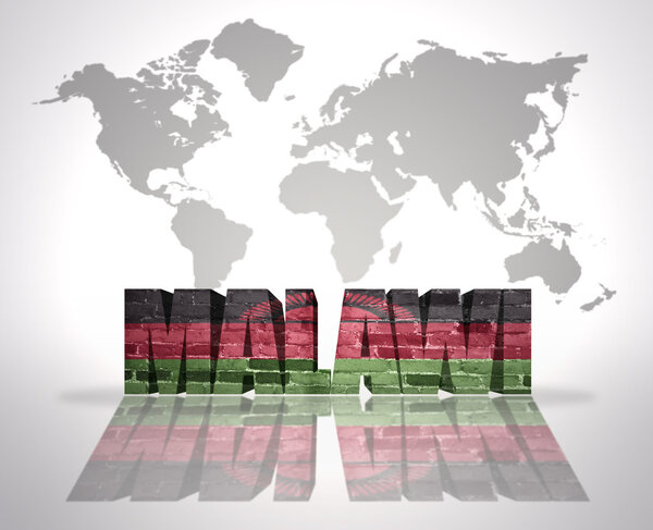 Word Malawi on a world map background