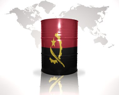 Dünya harita arka plan üzerinde Angola bayrağı ile namlu