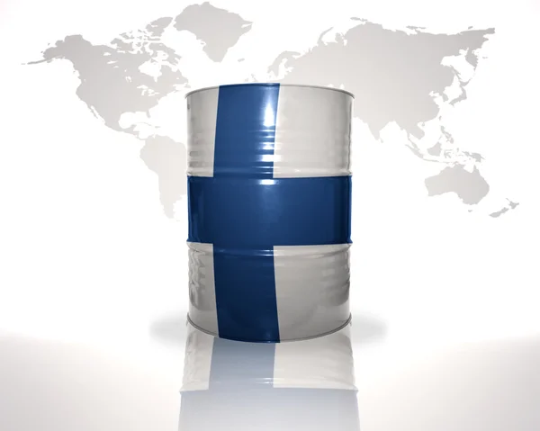 Barrel with finnish flag on the world map background — Stock Photo, Image