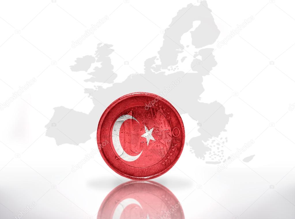 euro coin with turkish flag on the european union map background