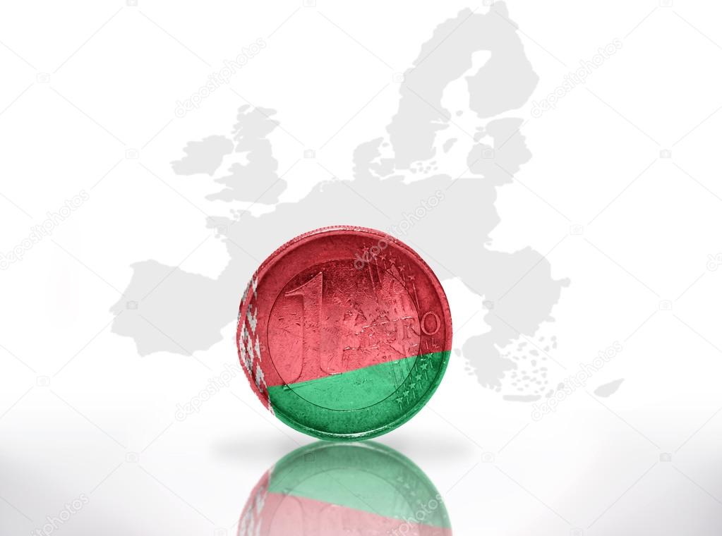 euro coin with belarus flag on the european union map background