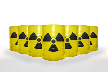 many yellow barrels with sign of radiation on the white background clipart