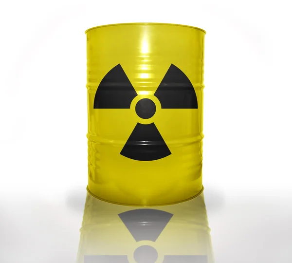 Gelbe Tonne mit Strahlungsspuren auf weißem Hintergrund — Stockfoto