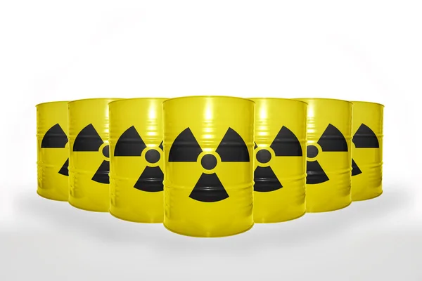 Many yellow barrels with sign of radiation on the white background — Stock Photo, Image