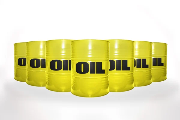 Muchos barriles amarillos con aceite sobre el fondo blanco —  Fotos de Stock