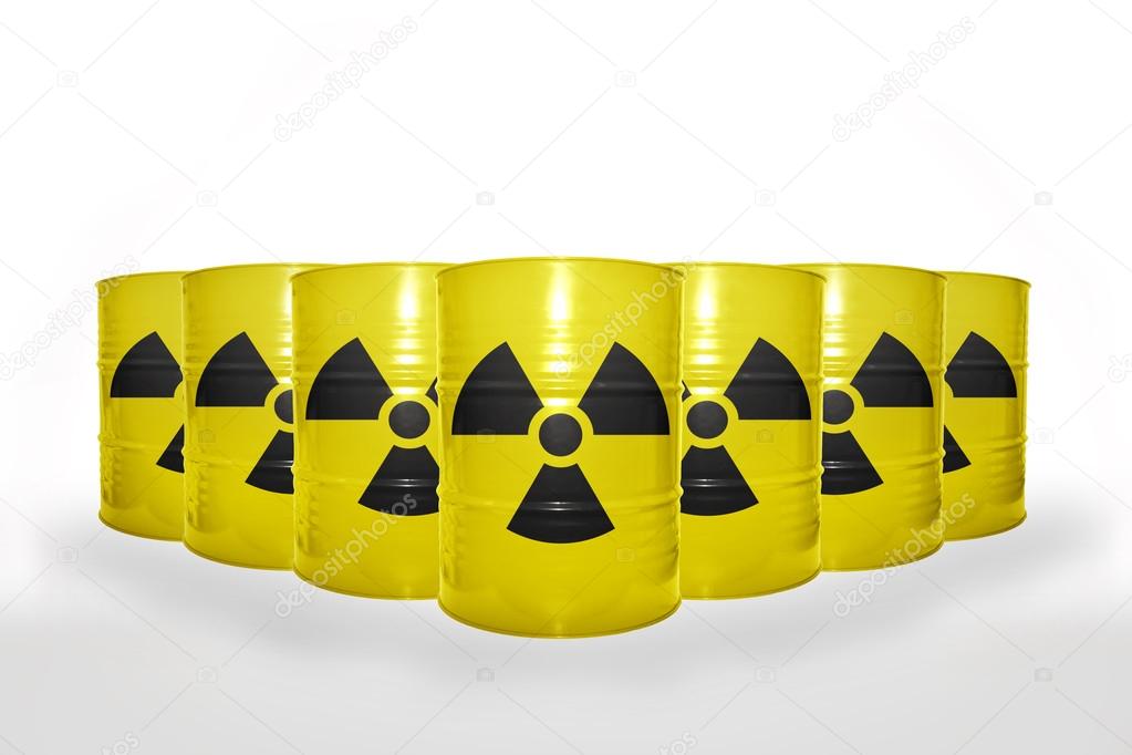 many yellow barrels with sign of radiation on the white background