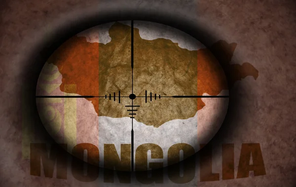 Zielfernrohr für Scharfschützen auf die alte mongolische Flagge und Landkarte — Stockfoto