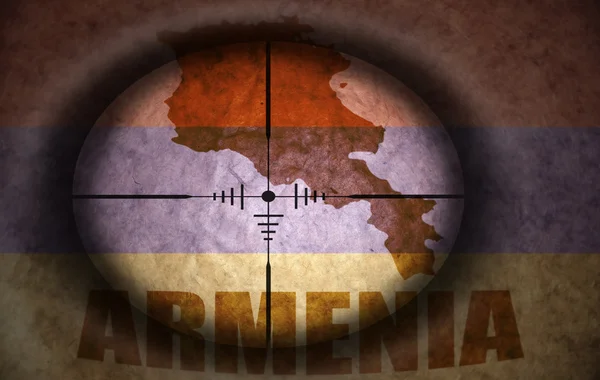 Sniper scope aimed at the vintage armenian flag and map — Stock Photo, Image