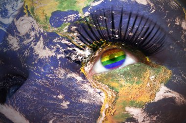 kadının yüzüne planet Earth doku ve göz içine gay bayrağı ile