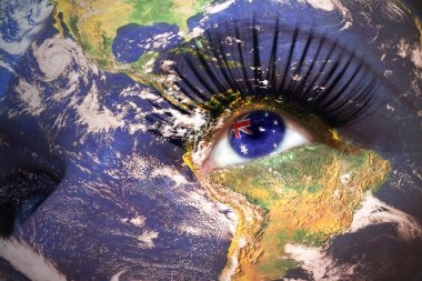 womans face with planet Earth texture and australian flag inside the eye