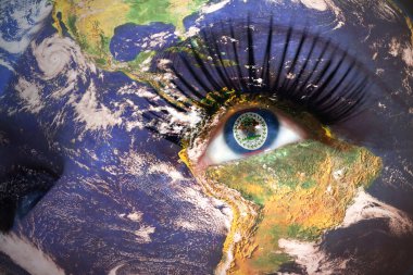 womans face with planet Earth texture and belize flag inside the eye