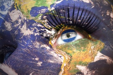 womans face with planet Earth texture and salvadoran flag inside the eye