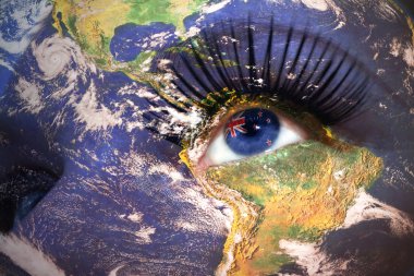 womans face with planet Earth texture and new zealand flag inside the eye