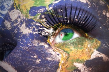 womans face with planet Earth texture and djibouti flag inside the eye.