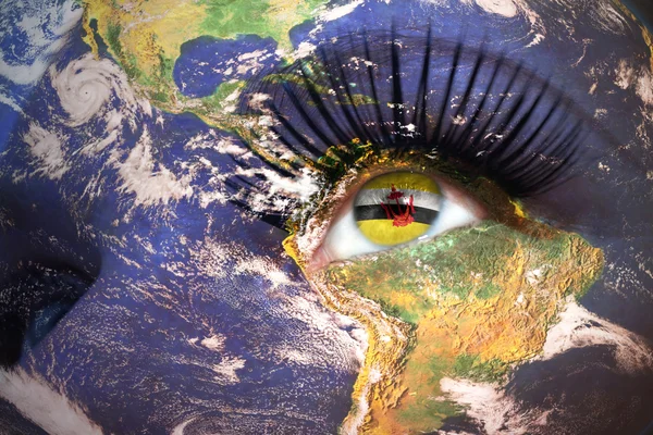 Womans face with planet Earth texture and brunei flag inside the eye. — ストック写真