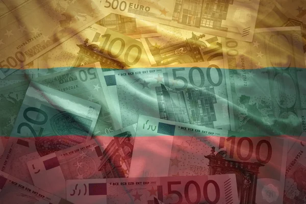 Colorful waving lithuanian flag on a euro money background — Stok fotoğraf