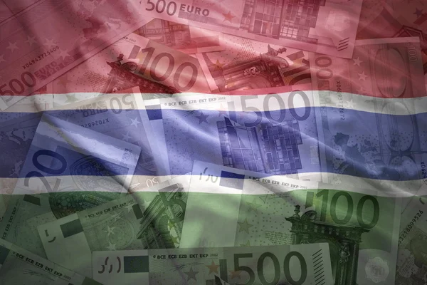 Colorful waving gambia flag on a euro money background — Stock Photo, Image