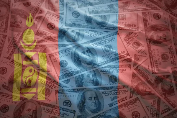 Bandera mongoliana ondeando colorido en un fondo de dinero dólar americano —  Fotos de Stock