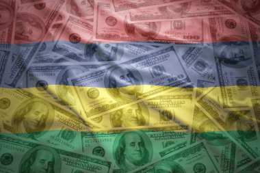 Amerikan Doları para arka plan üzerinde renkli sallanan mauritius bayrak