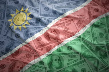 Namibya bayrak sallayarak bir Amerikan Doları para arka plan üzerinde renkli