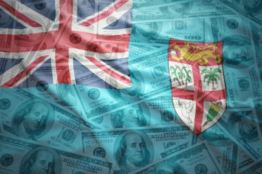 Amerikan Doları para arka plan üzerinde renkli sallanan fiji bayrak